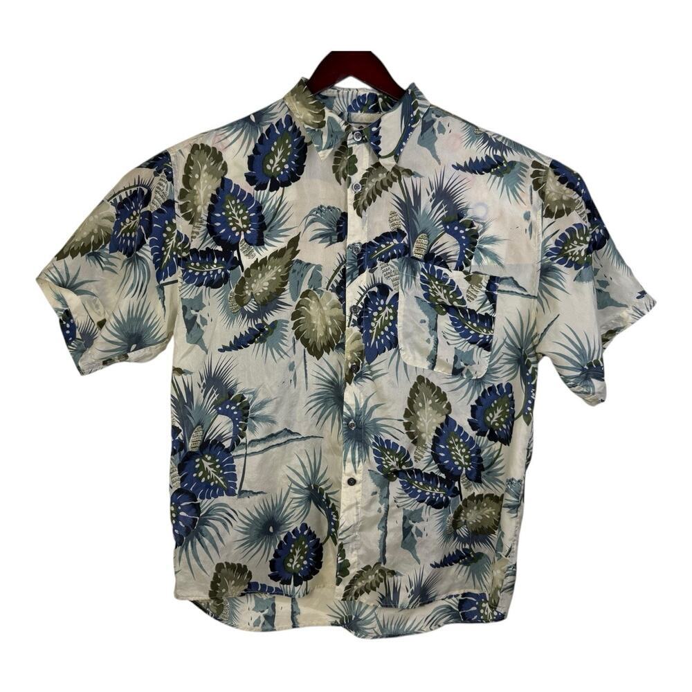 Hawaiian Chiamare Blue And Green Shirt Men's Large Button Up Front Aloha Floral